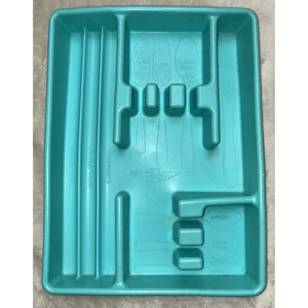 PLAS-TEX Divided Silverware  Flatware Storage Tray‎ Blue Turquoise USA Vintage
